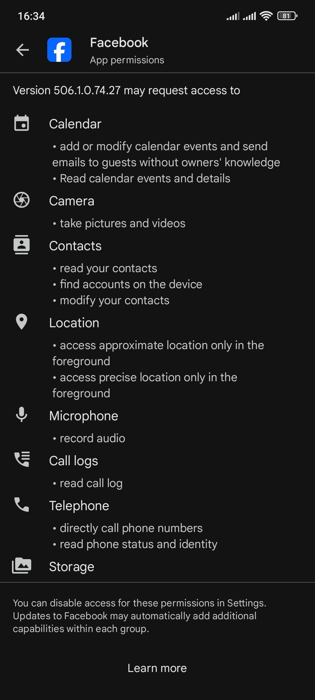 Các quyền yêu cầu của ứng dụng Facebook trên Google Play Store