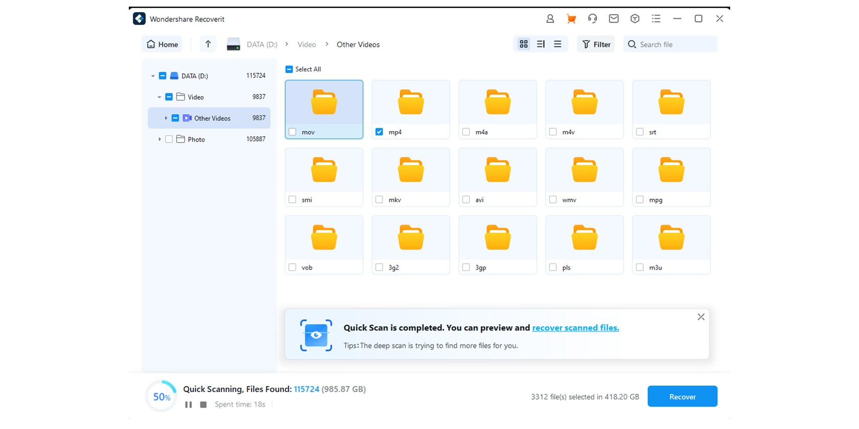 Các thư mục tệp được hiển thị trên giao diện Wondershare Recoverit