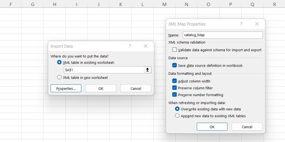 Các tùy chọn cho Trình hướng dẫn Nhập XML trong Excel.