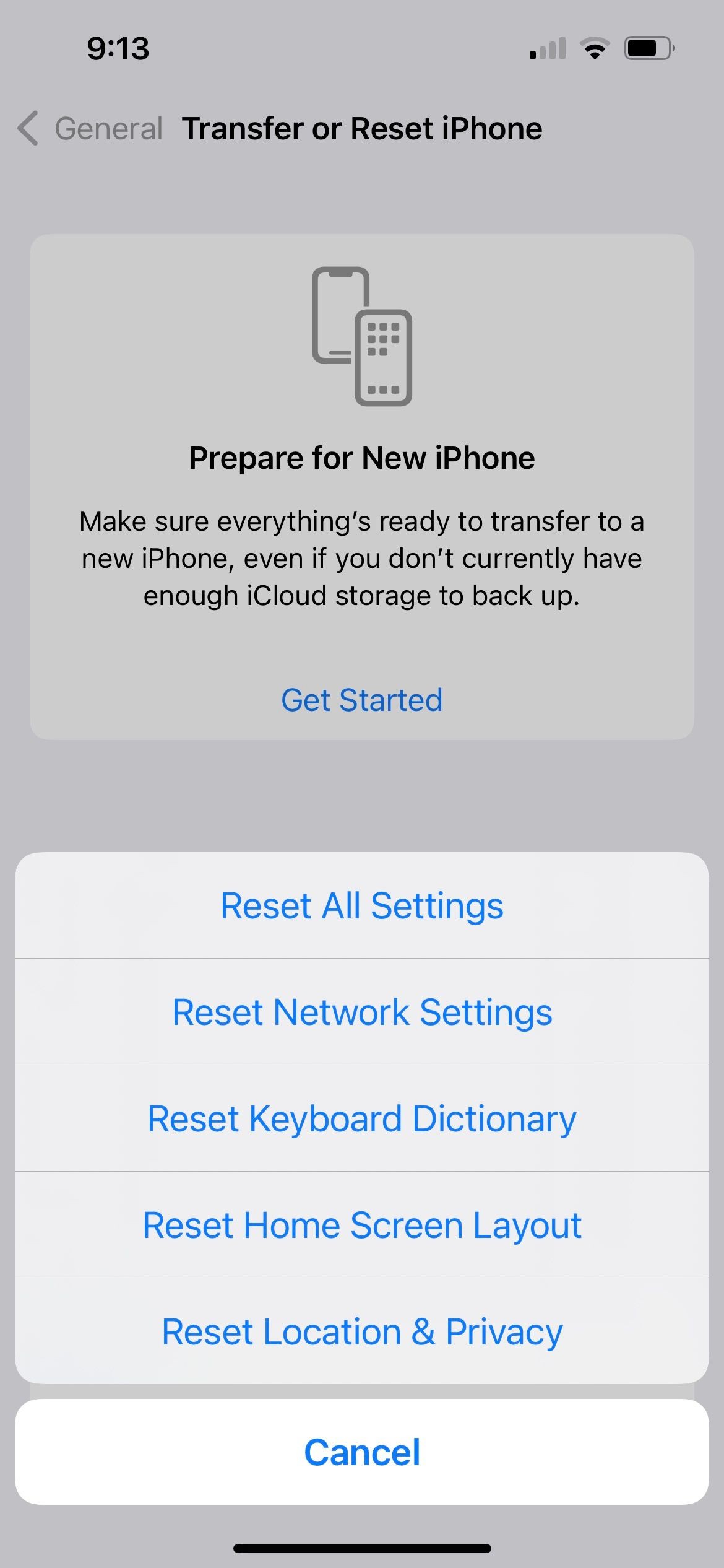 Các tùy chọn đặt lại cài đặt iPhone