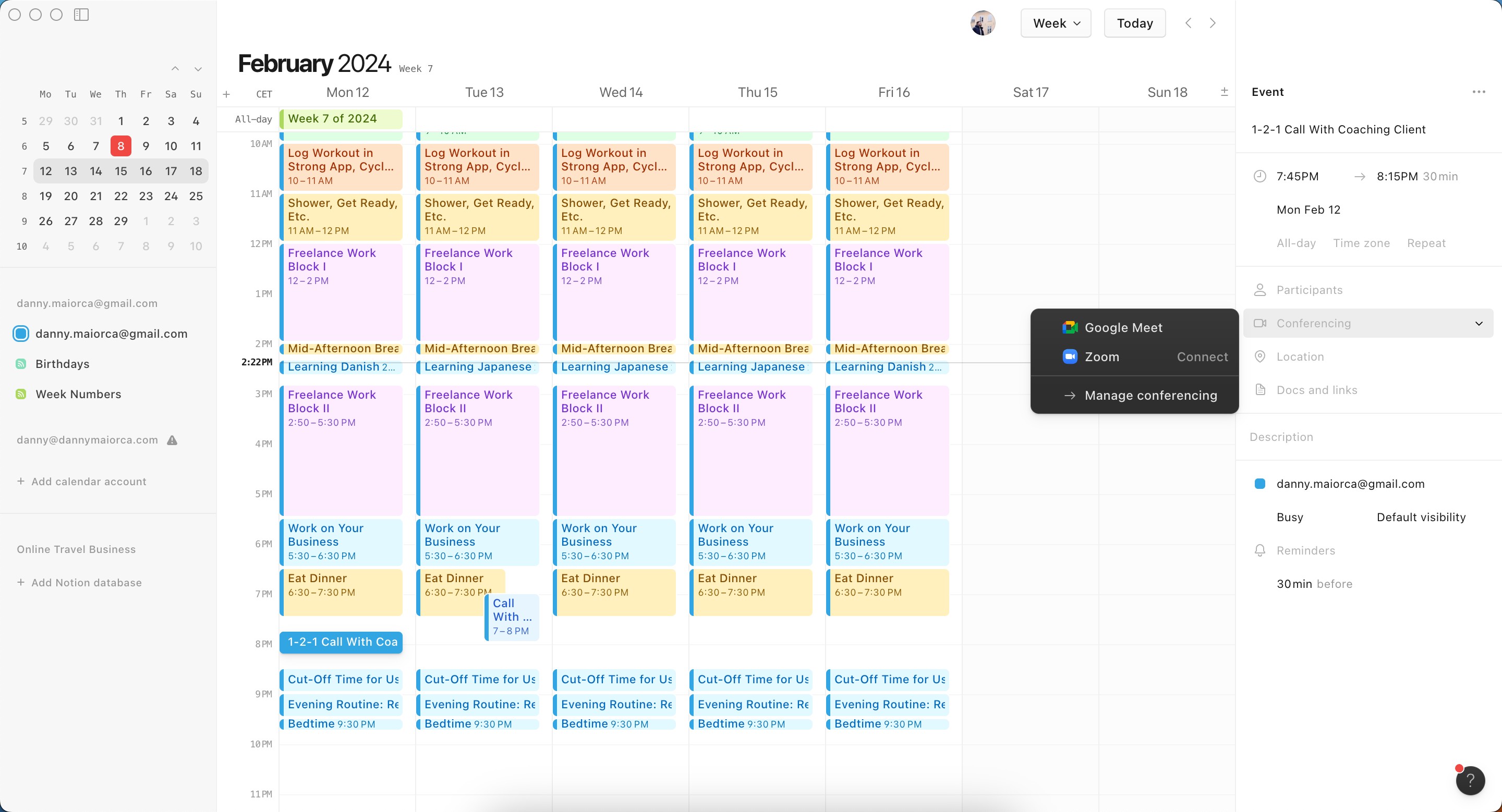 Các tùy chọn để kết nối các công cụ hội nghị khác nhau với cuộc họp trong Notion Calendar