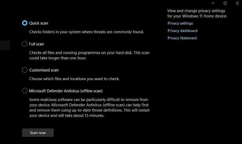 Các tùy chọn quét virus trong Windows Security