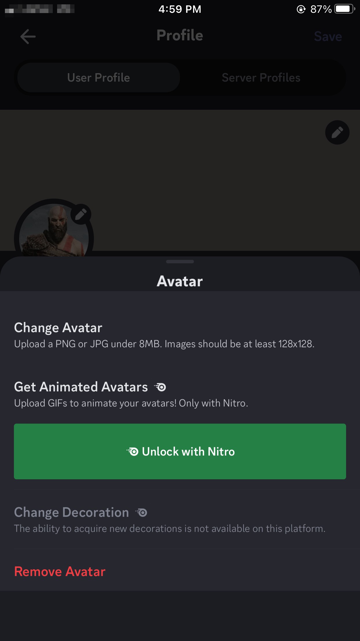 Cài đặt avatar trên ứng dụng Discord cho iPhone.