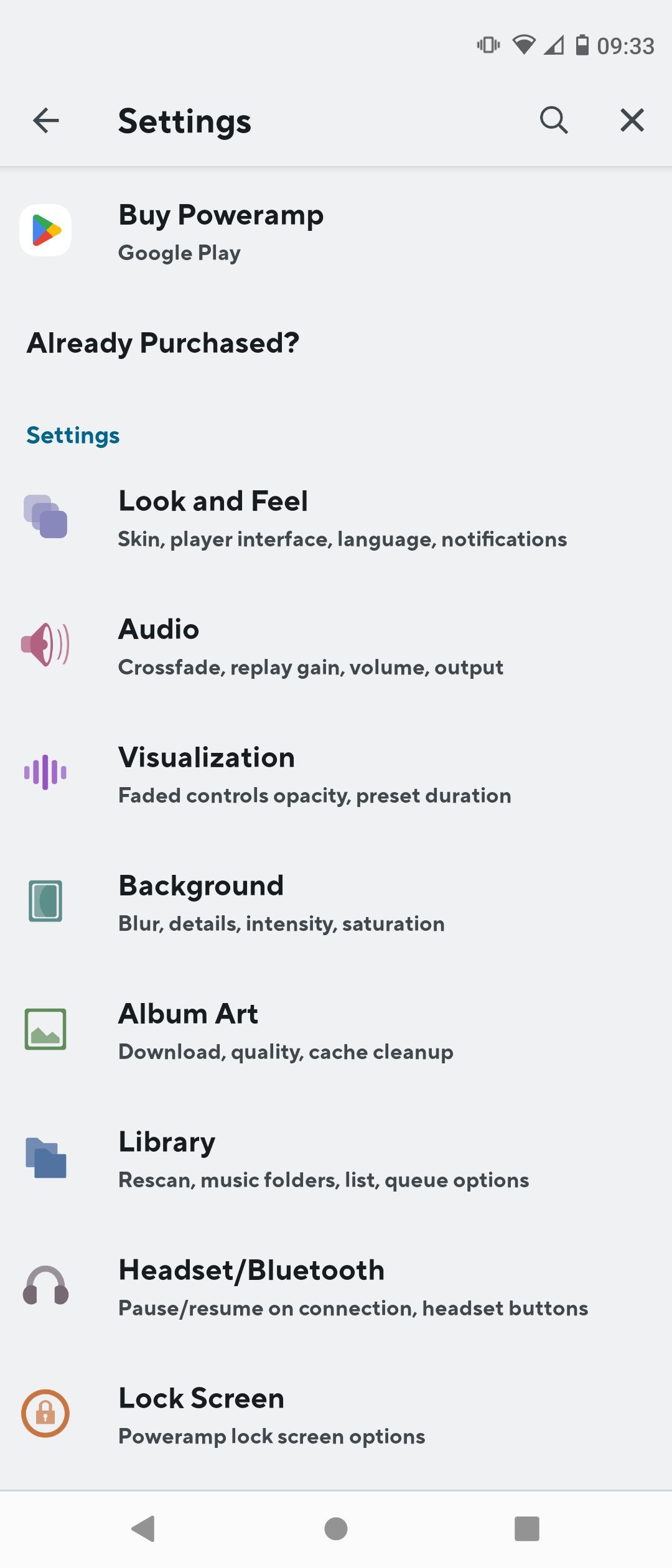 Cài đặt của Poweramp Music Player trên Android