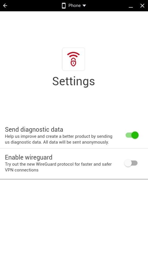 Cài đặt của ứng dụng Phantom VPN