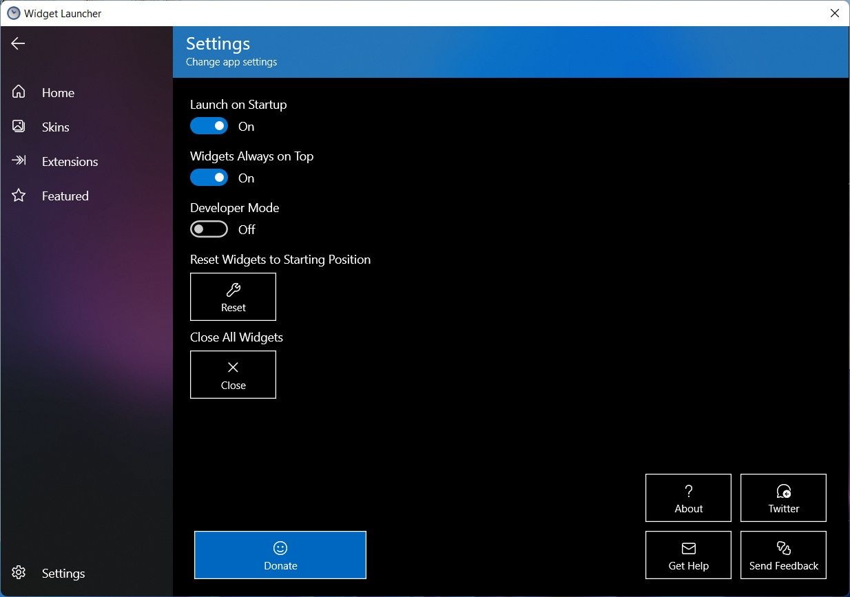 Cài đặt của Widget Launcher trên Windows 11
