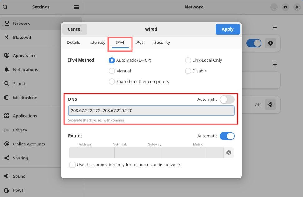 Cài đặt DNS mạng GNOME