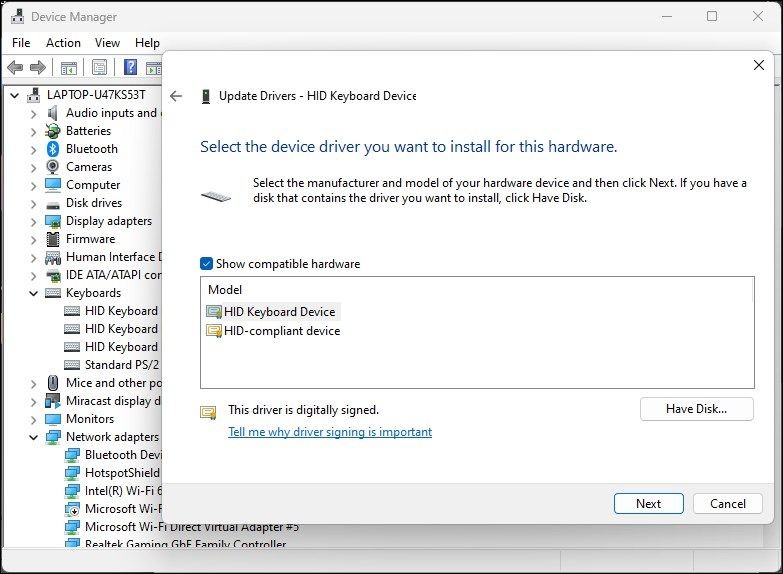 Cài đặt driver phần cứng tương thích cho bàn phím trong Device Manager