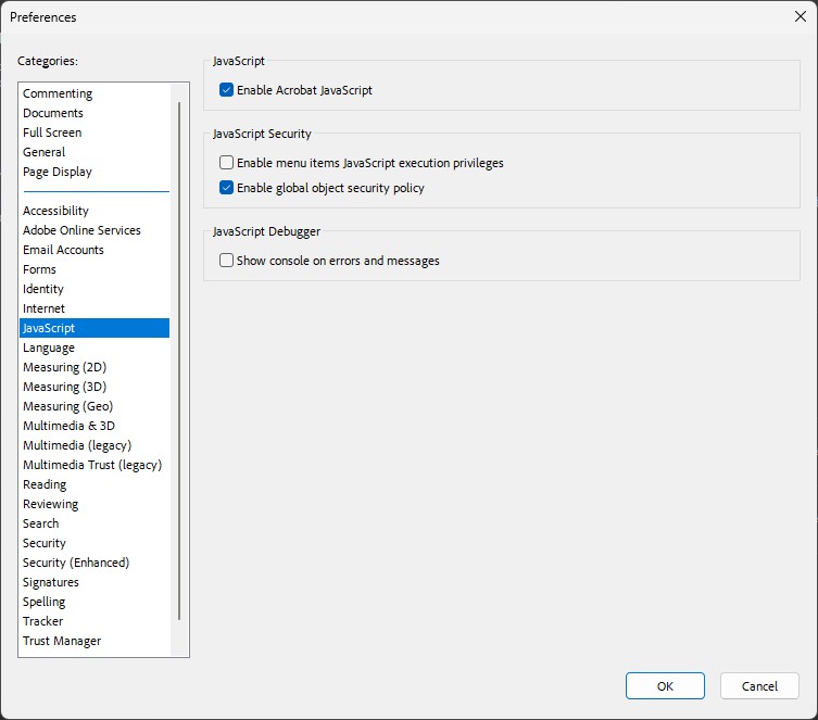 Cài đặt JavaScript của Adobe Acrobat Reader tháng 5 năm 2023