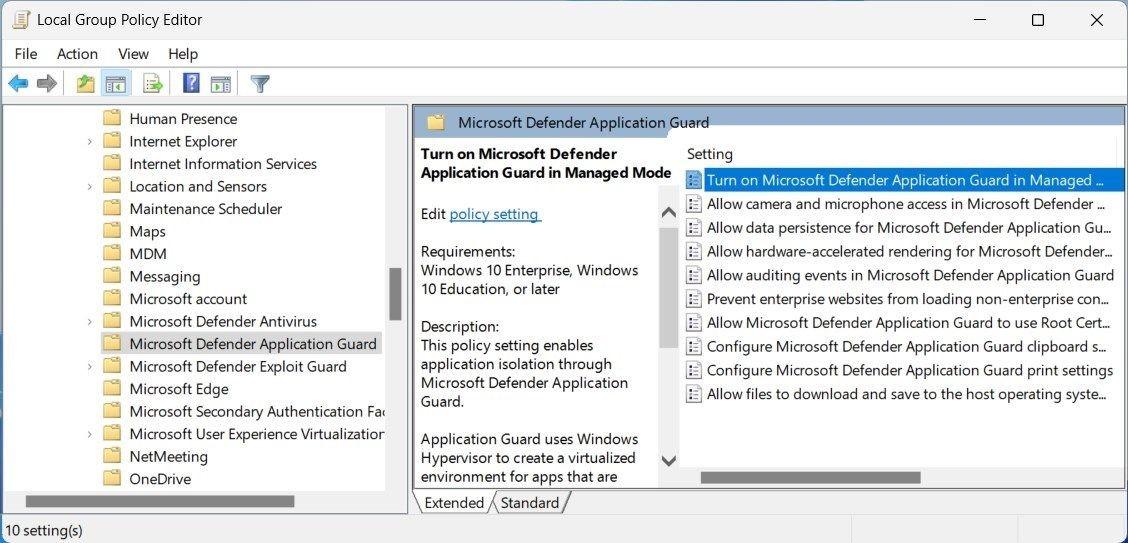 Cài đặt Microsoft Defender Application Guard bằng Local Group Policy Editor