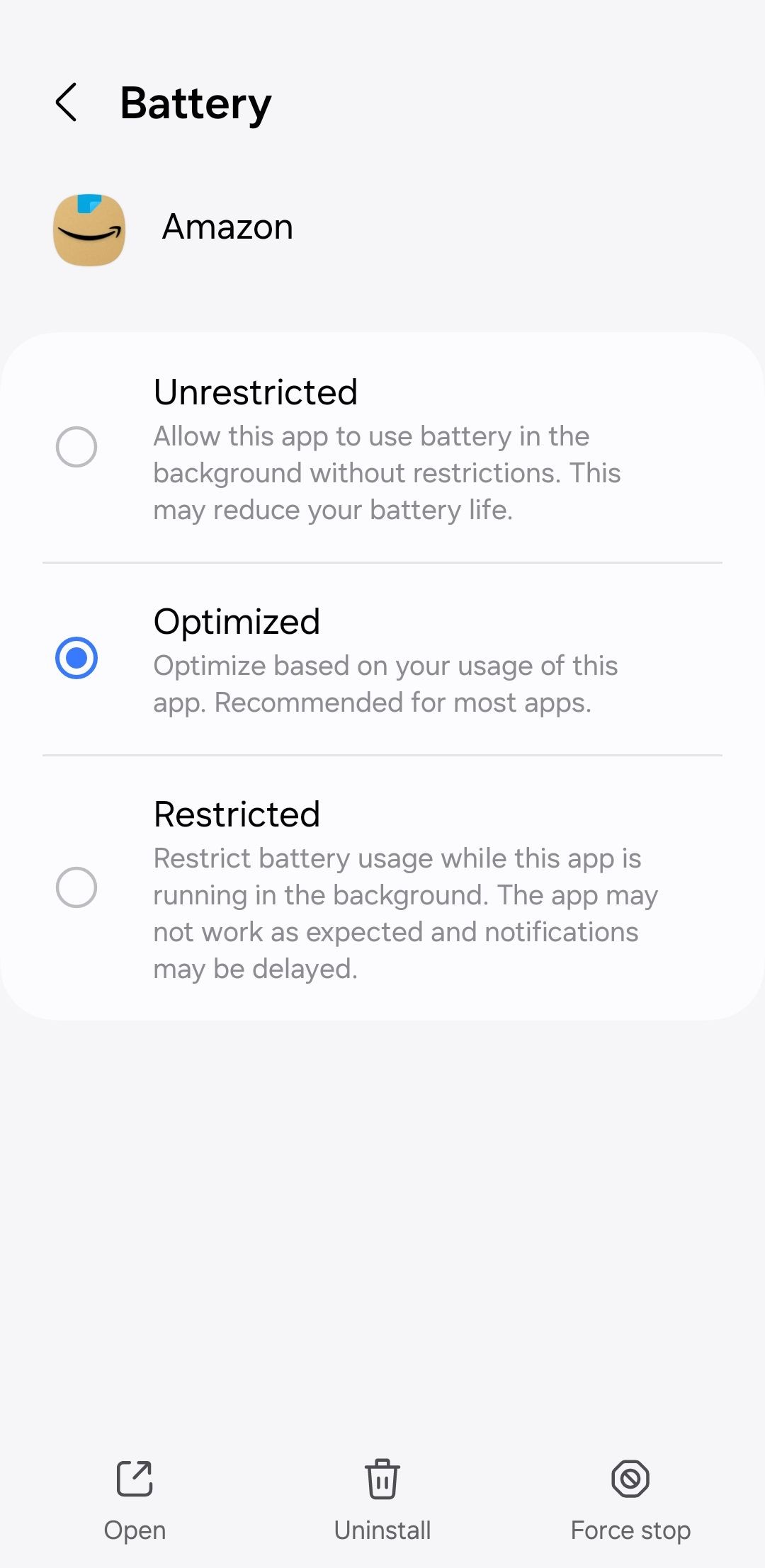 Cài đặt sử dụng pin cho ứng dụng Amazon trên Android