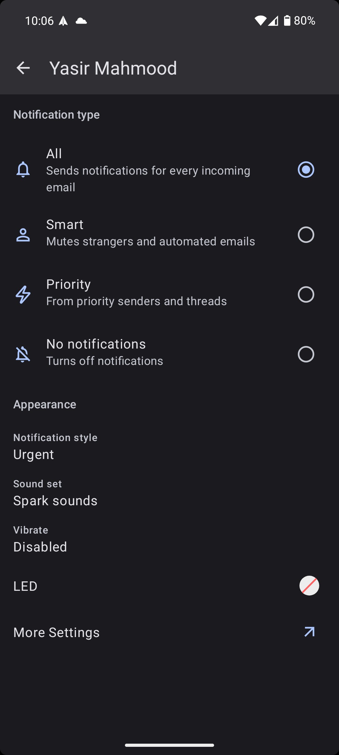 Cài đặt thông báo trong ứng dụng Spark Mail trên Android