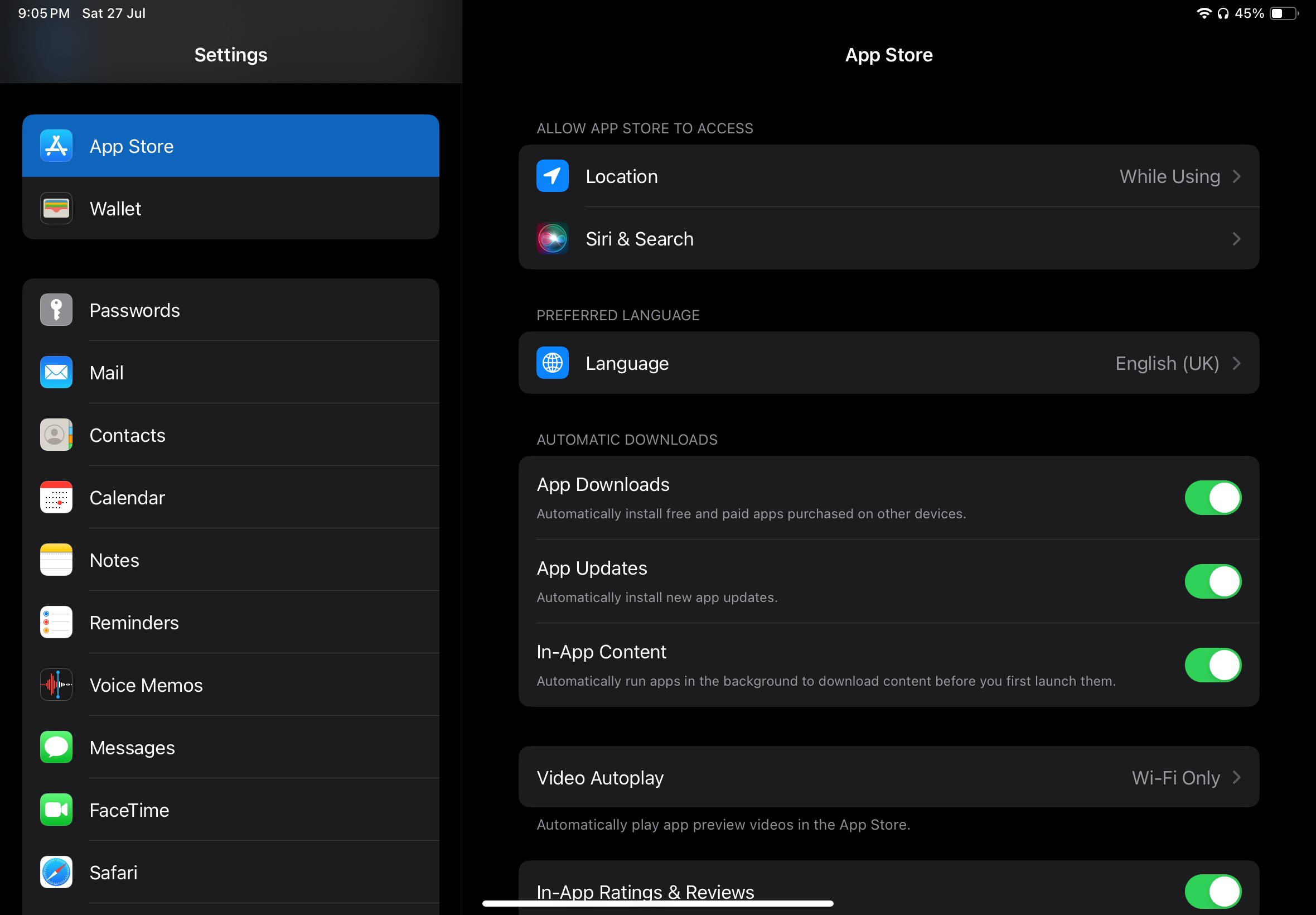 Cài đặt trên iPadOS hiển thị phần App Store