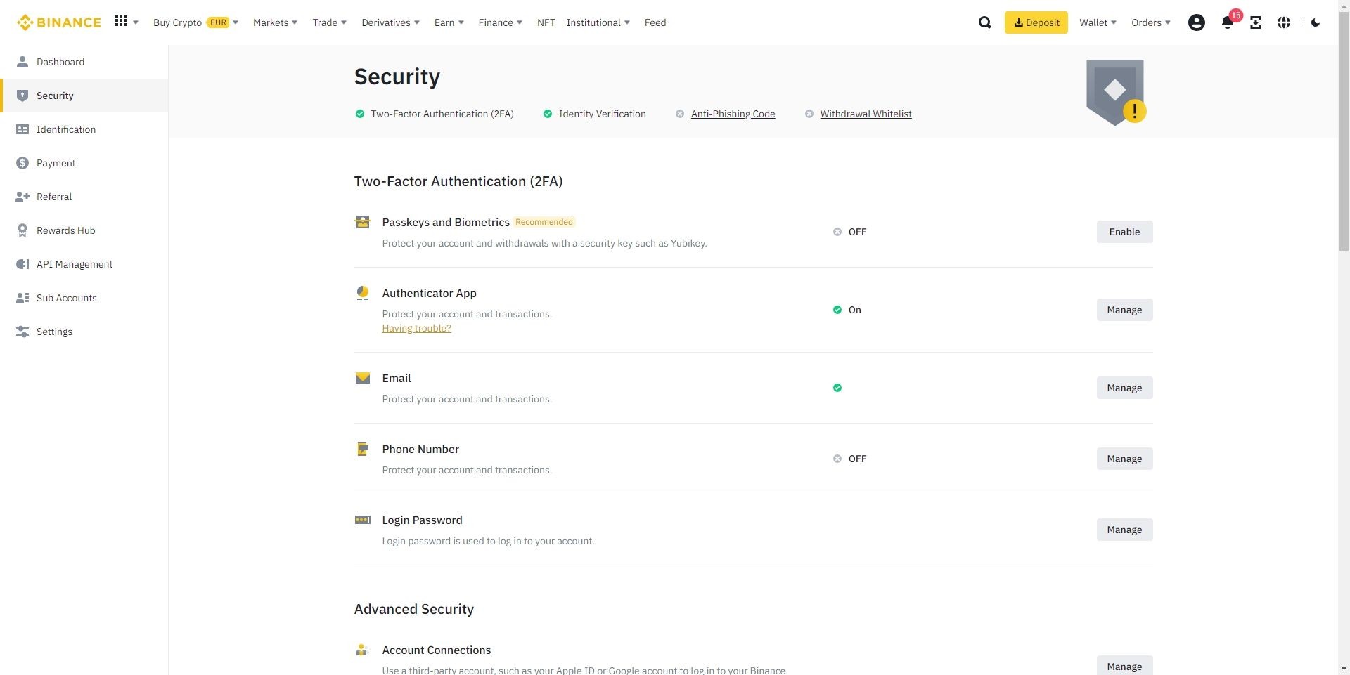 Cài đặt và tùy chọn bảo mật của Binance