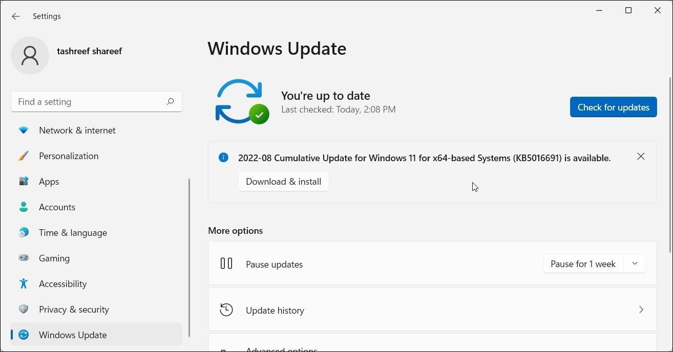 Cài đặt Windows 11 hiển thị tab Windows Update