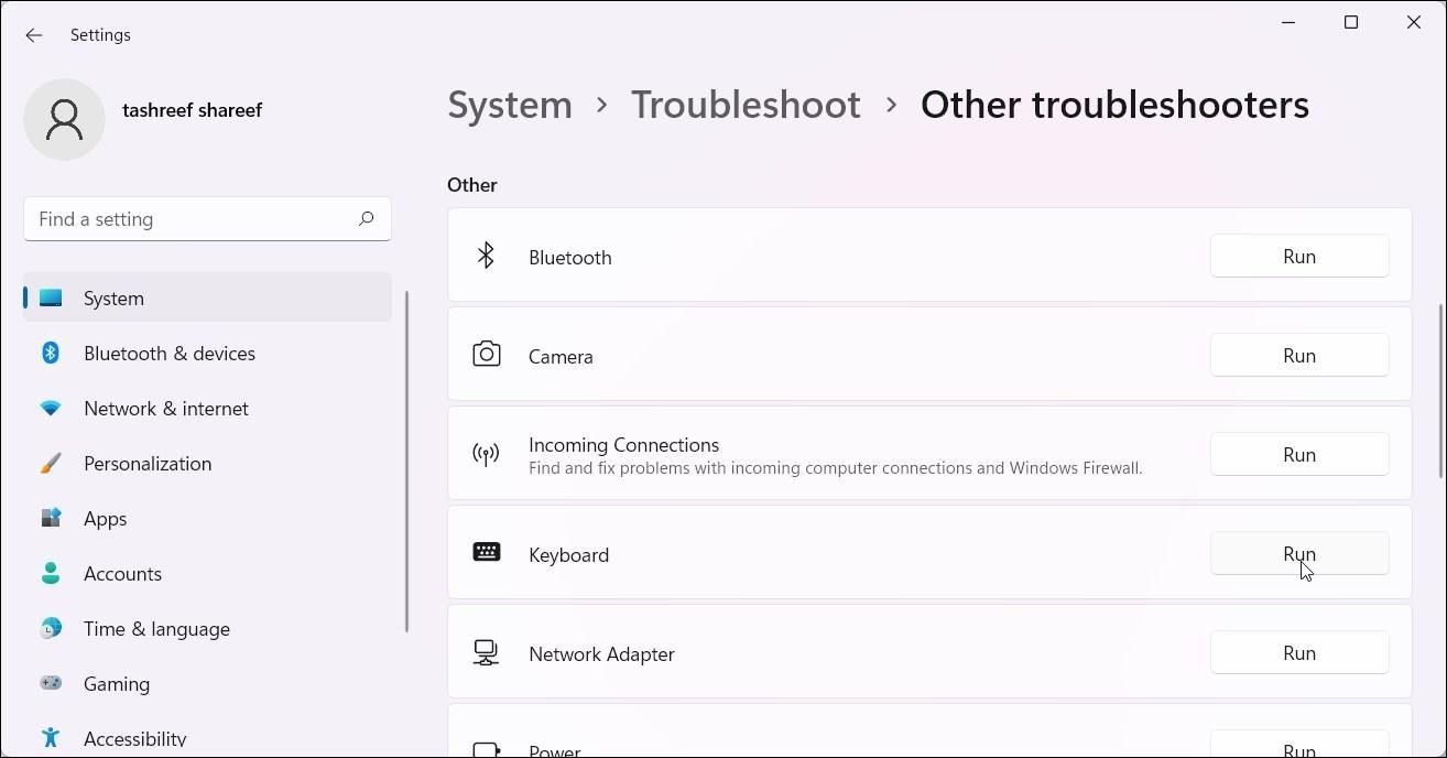 Cài đặt Windows 11 hiển thị tùy chọn trình khắc phục sự cố bàn phím