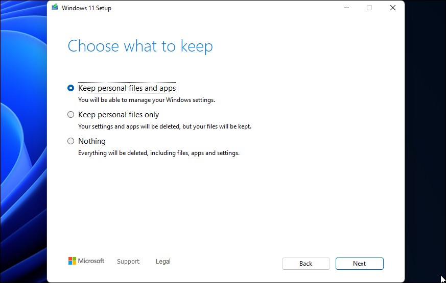 Cài đặt Windows 11 nâng cấp giữ lại tệp cá nhân và ứng dụng