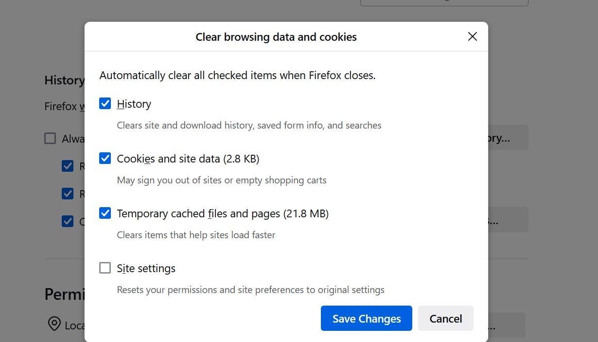 Cài đặt xóa dữ liệu duyệt web và cookie trong Firefox