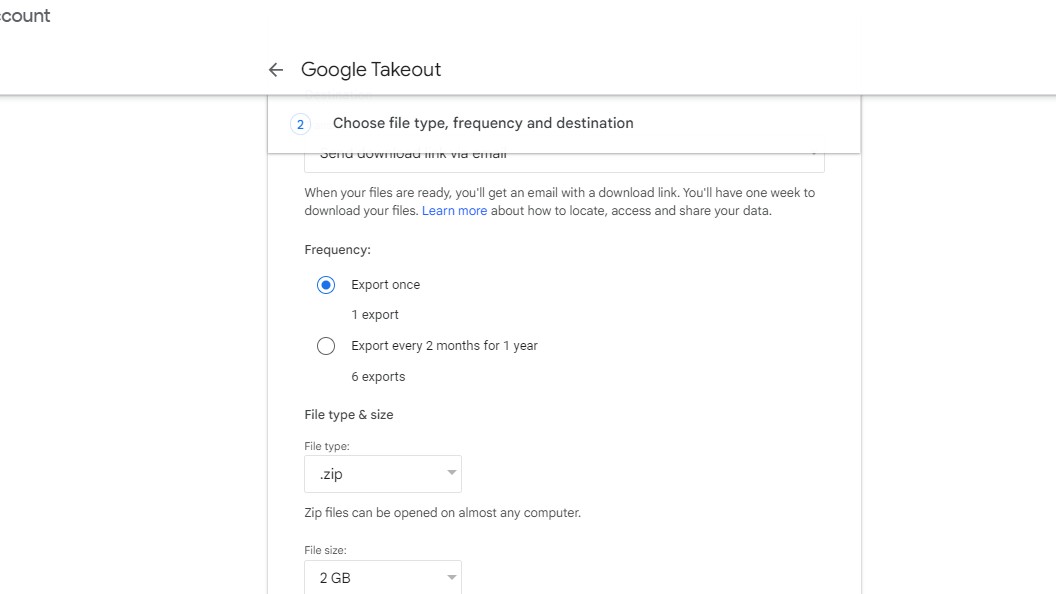 Cài đặt xuất của Google Takeout
