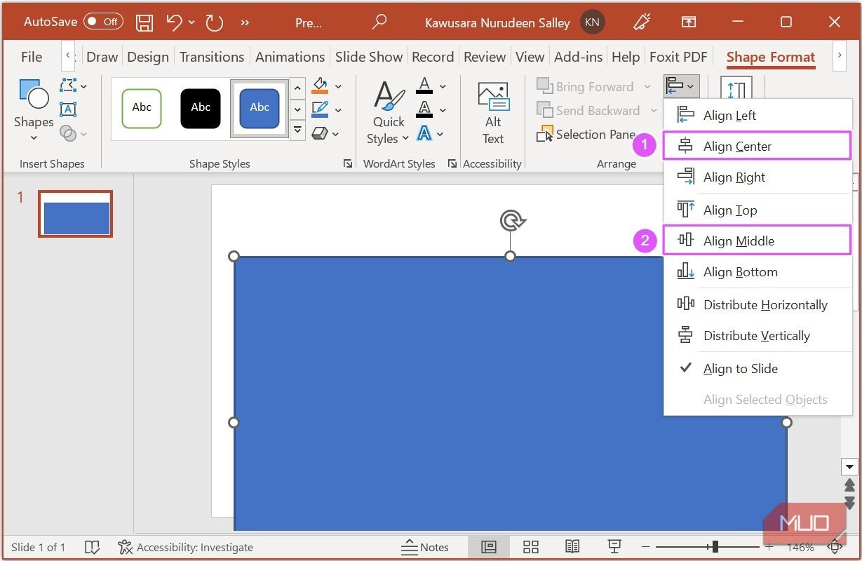 Căn giữa hình chữ nhật trên trang trong PowerPoint