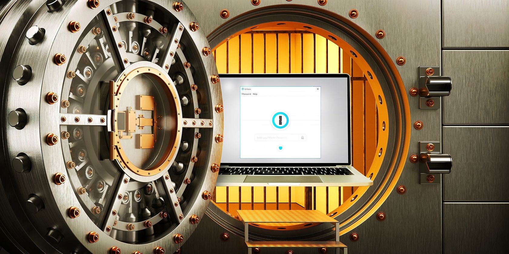 Cánh cửa két sắt mở ra với màn hình mật khẩu trên laptop bên trong