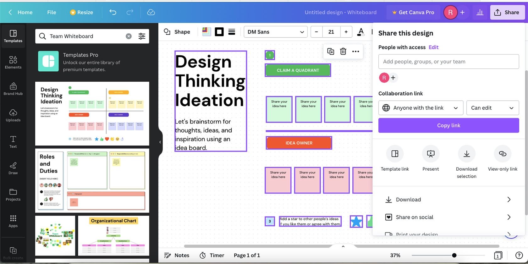 Canva whiteboard with collaboration link options.