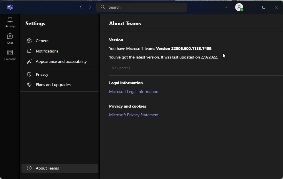 Cập nhật cài đặt Microsoft Teams
