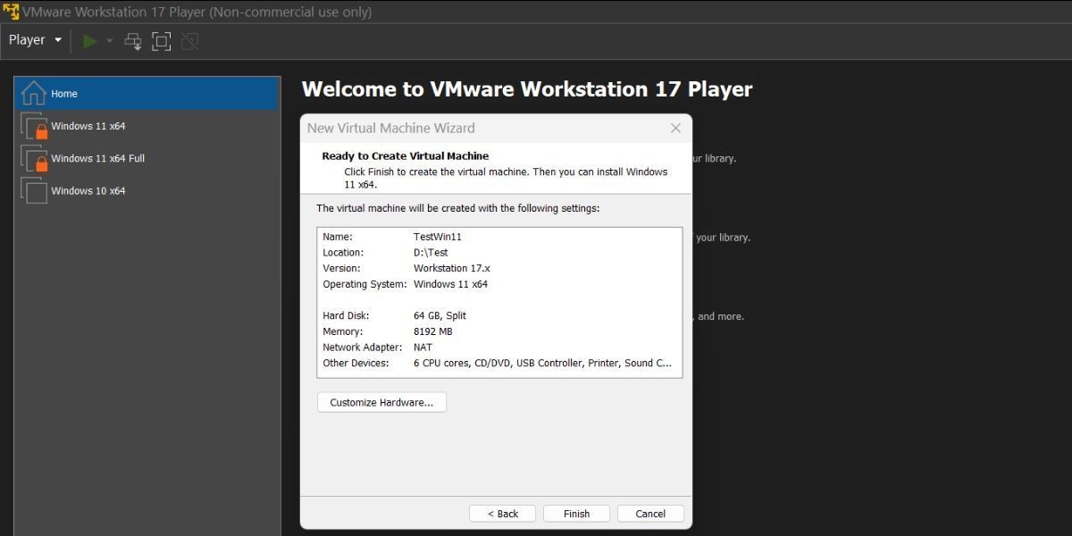 Cấu hình tài nguyên của máy ảo Windows 11 trong VMware Workstation 17 Player