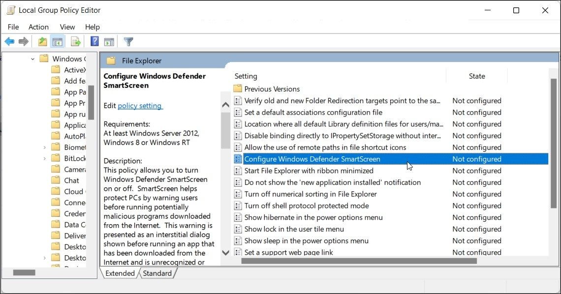 Cấu hình Windows Defender SmartScreen trong Group Policy Editor