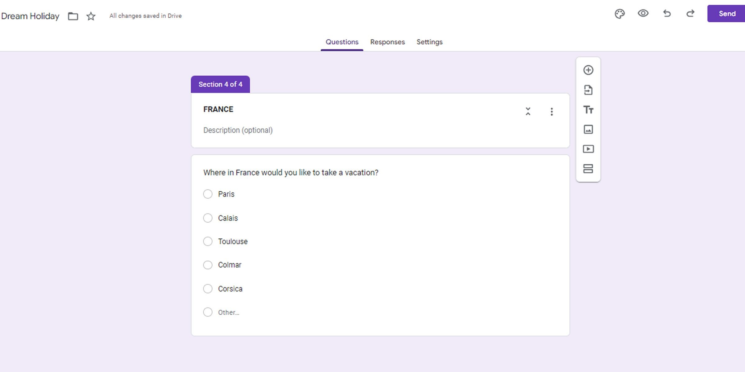 Câu hỏi về địa điểm nghỉ dưỡng trong Google Forms