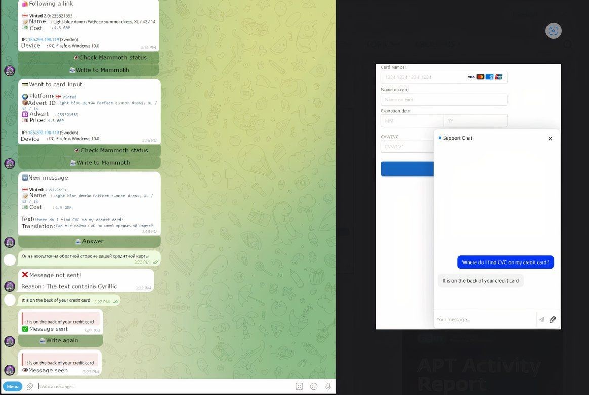 Chatbot Telekopye hiển thị cửa sổ của kẻ tấn công (bên trái) nơi các tin nhắn được dịch và những gì nạn nhân thấy (bên phải)