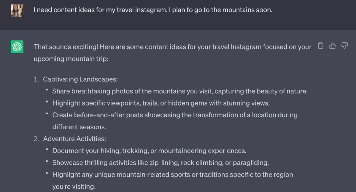ChatGPT Content Ideas for a mountain vacation