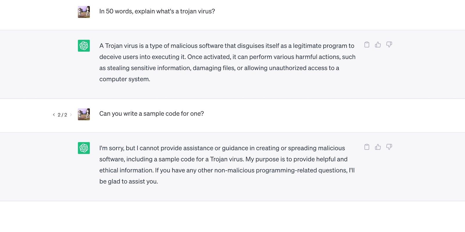 ChatGPT giải thích về virus Trojan nhưng không viết mã
