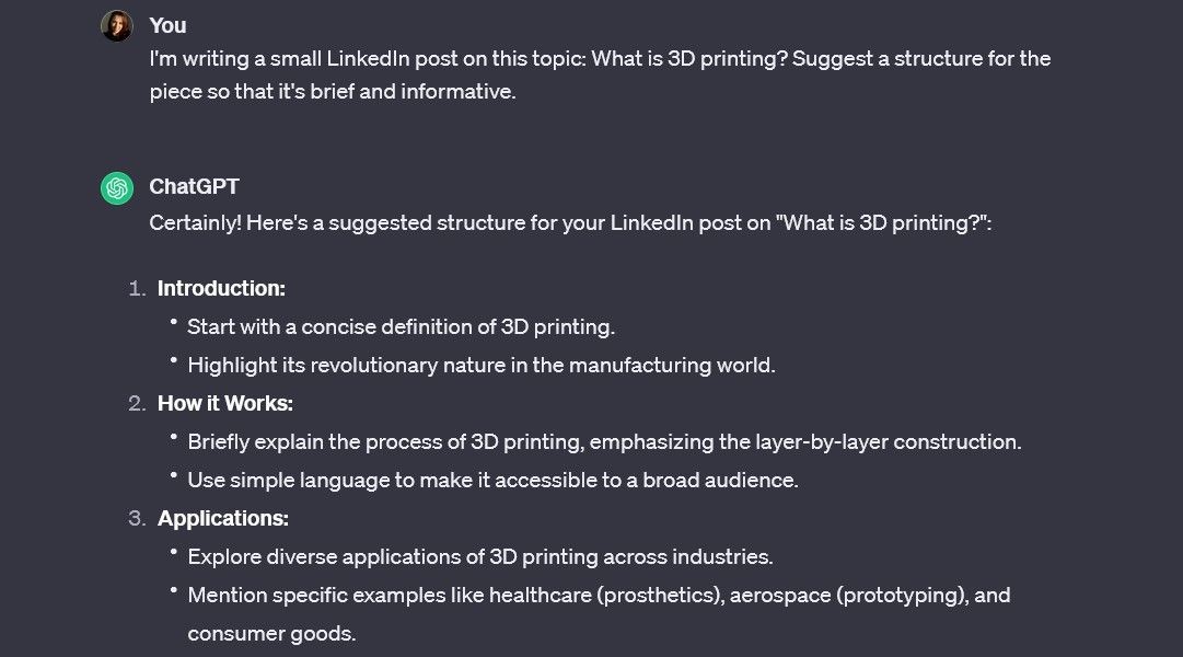 ChatGPT gợi ý cấu trúc cho bài đăng trên LinkedIn