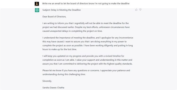 ChatGPT soạn email thông báo không kịp hạn