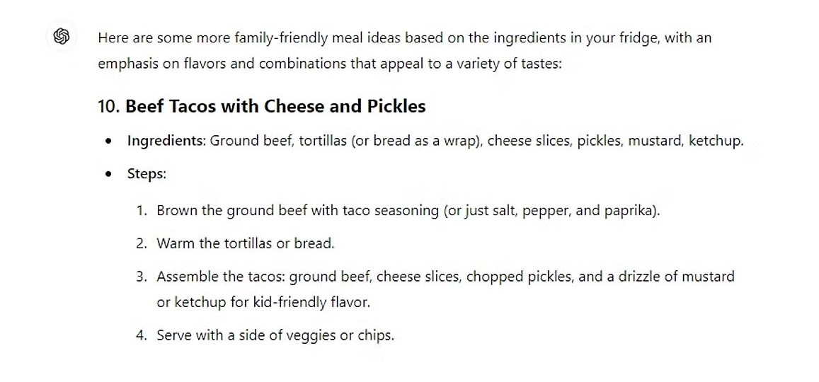 ChatGPT tạo ra công thức bữa ăn tacos thịt bò kỳ lạ