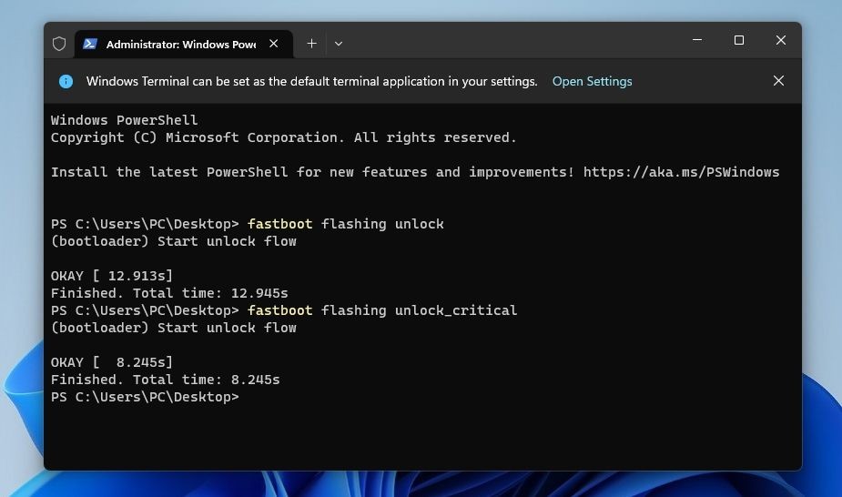 Chạy lệnh mở khóa cài đặt trên Windows Terminal