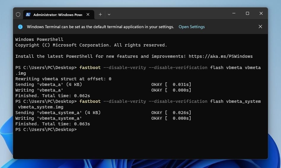Chạy lệnh tắt kiểm tra trên Windows Terminal
