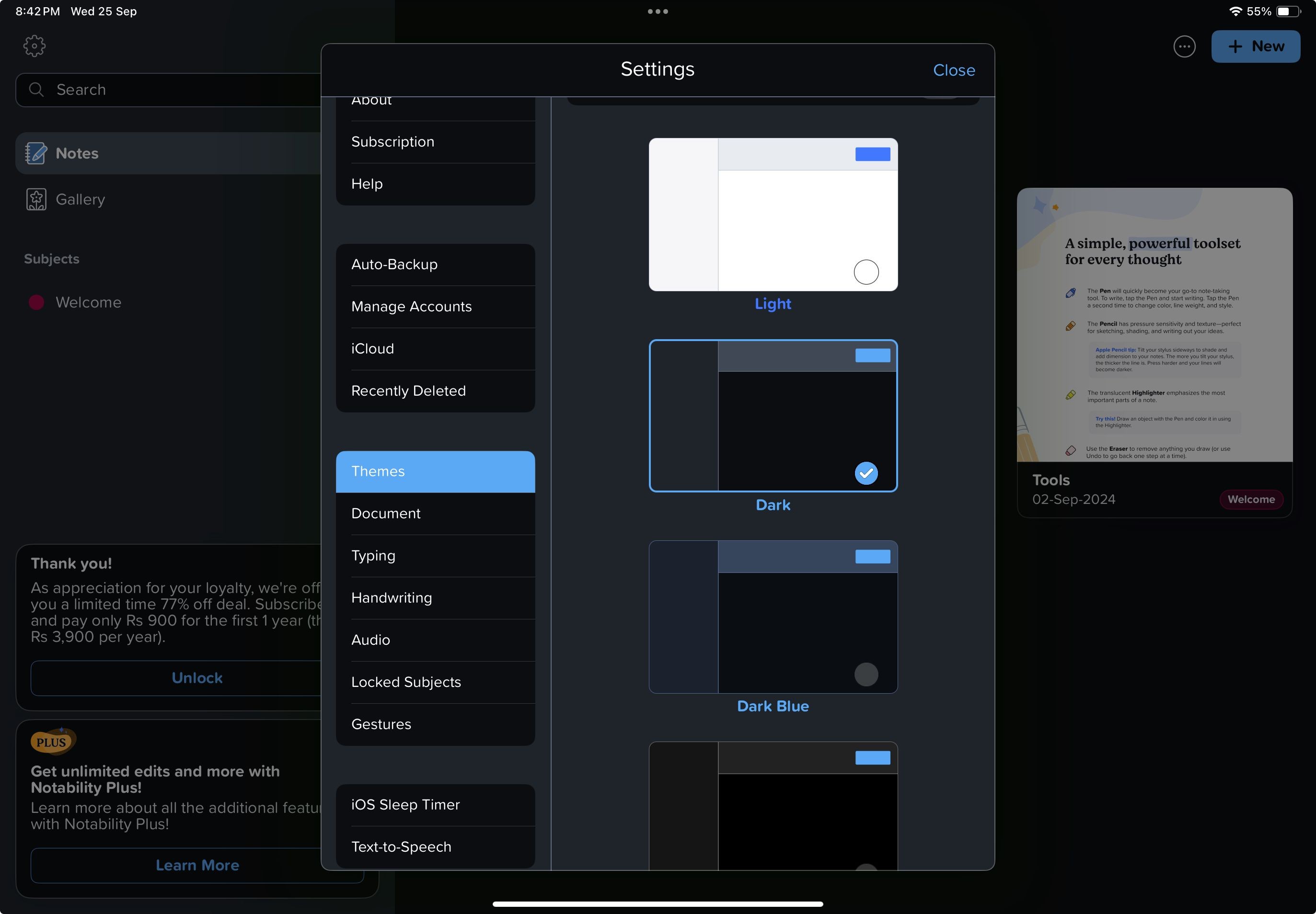 Chế độ Ban Đêm của Notability