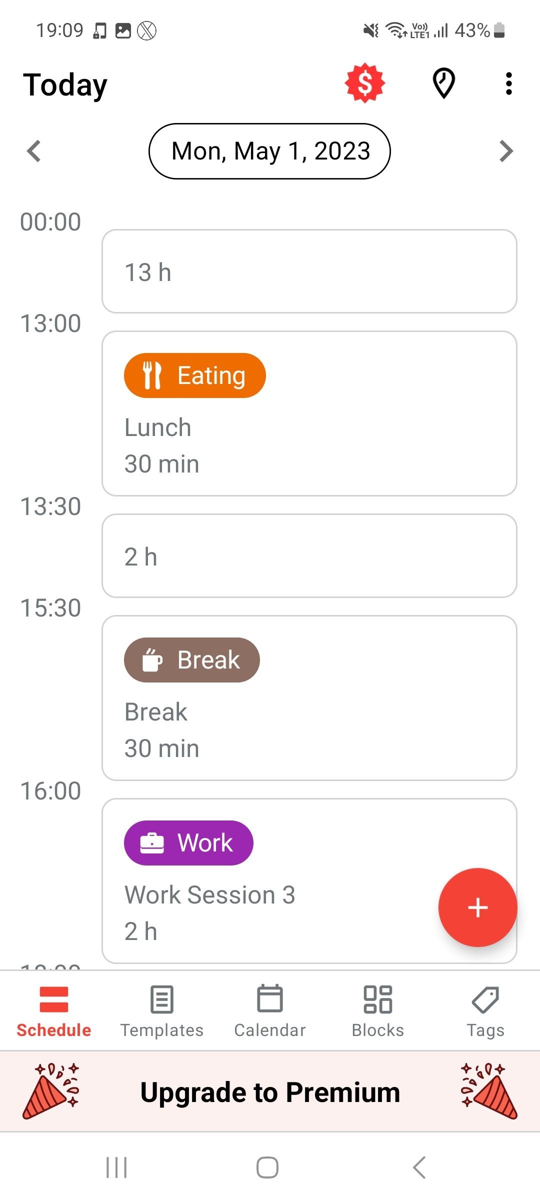 Chế độ xem lịch trình của TimeTune