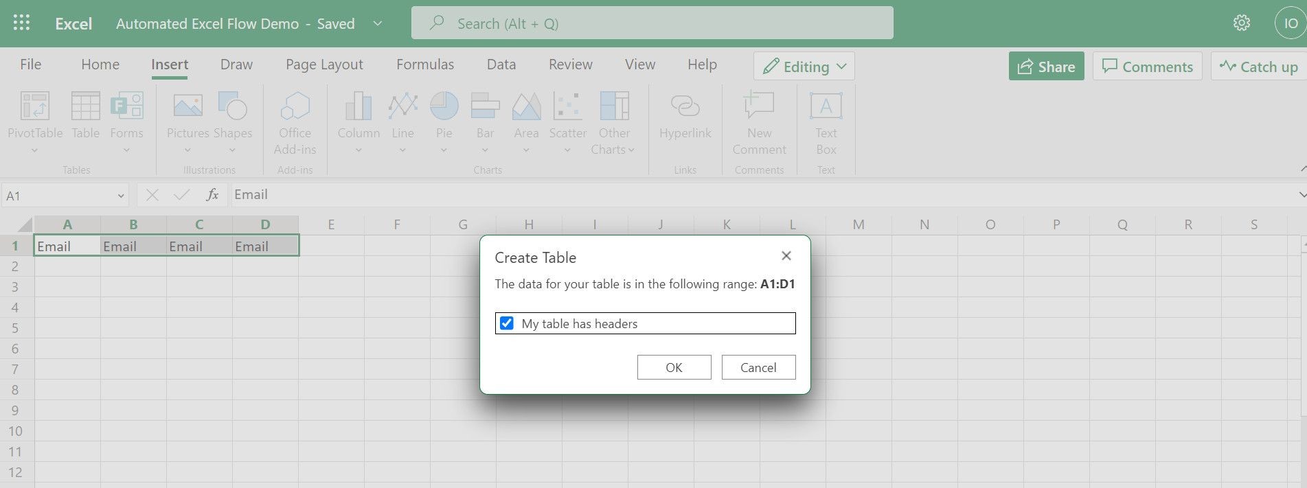 Chèn bảng vào bảng tính Excel trực tuyến