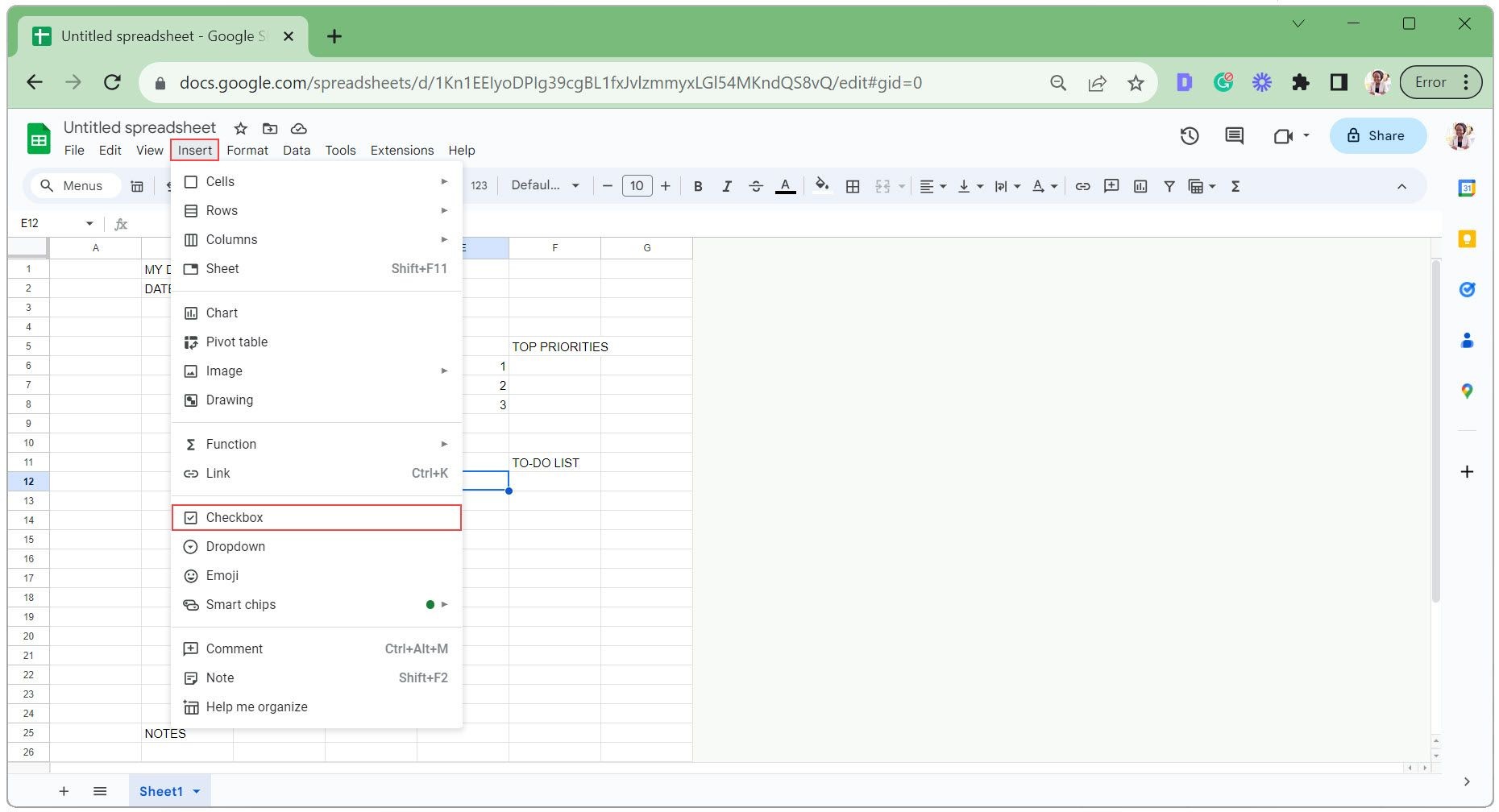 Chèn ô kiểm đầu tiên trong lịch trình số hóa Google Sheets