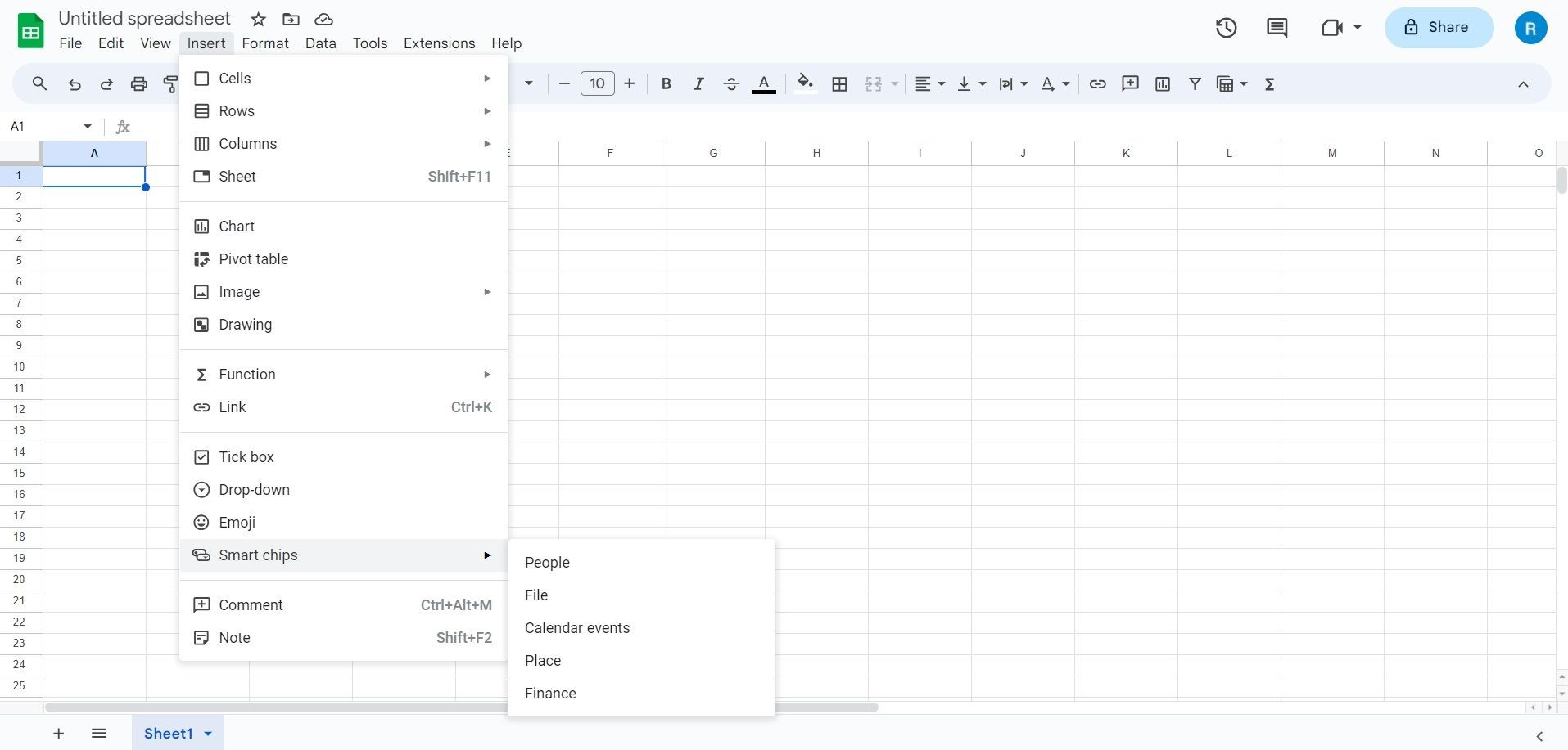 Chèn Smart Chips Trong Google Sheets Bằng Menu Insert