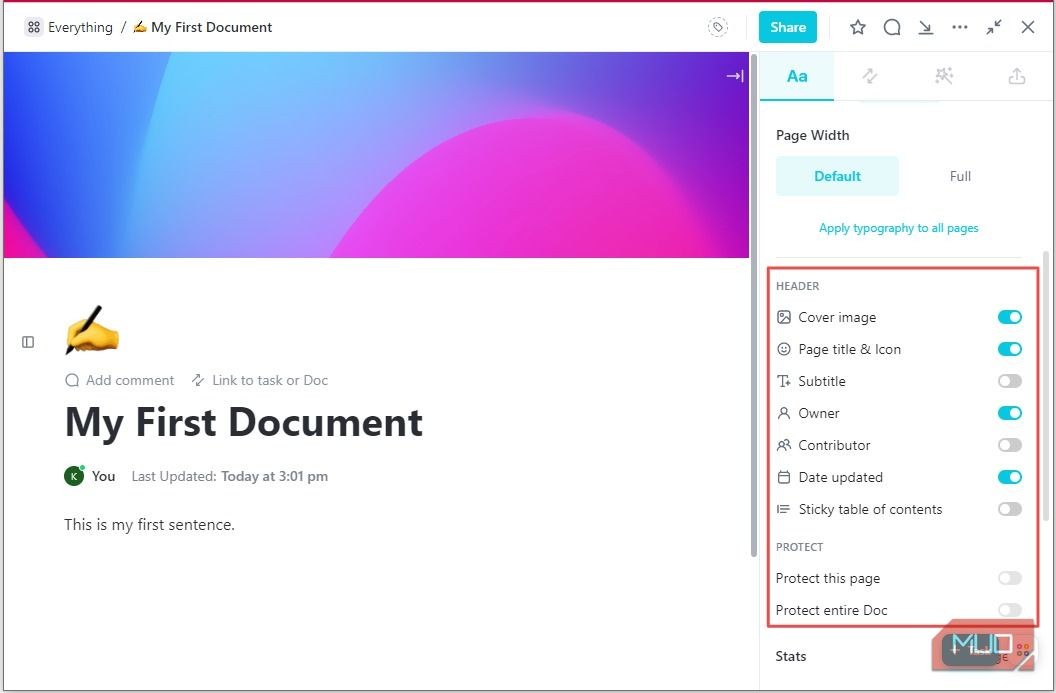 Chi tiết Trang trong ClickUp Docs - Cài đặt Tiêu đề