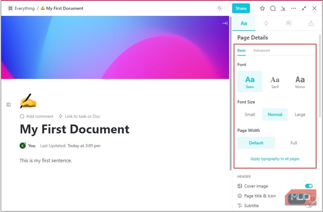 Chi tiết Trang trong ClickUp Docs - Phông chữ và Chiều rộng Trang