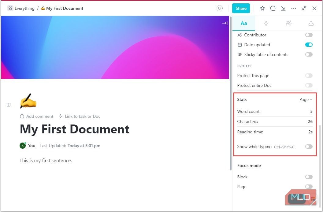 Chi tiết Trang trong ClickUp Docs - Thống kê