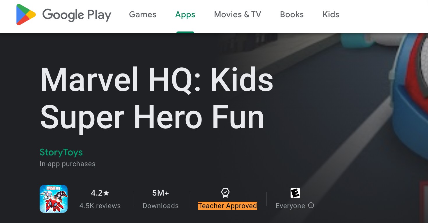 Chi tiết về một ứng dụng dành cho trẻ em có chủ đề Marvel trên cửa hàng Google Play