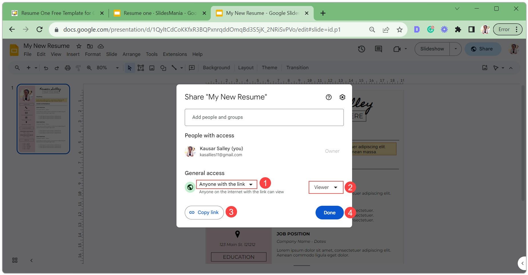 Chia sẻ liên kết công khai đến CV Google Slides