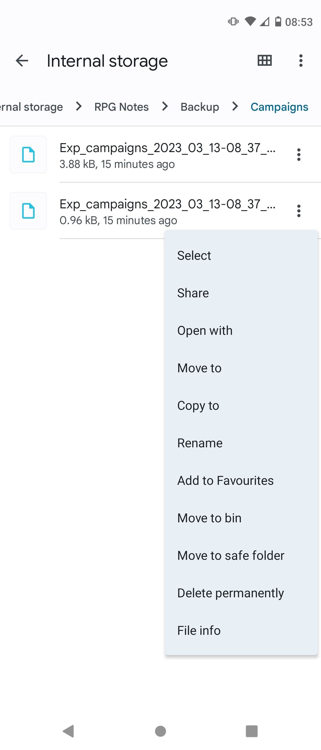 Chia sẻ tệp RPG Notes đã xuất từ bộ nhớ trong của Android
