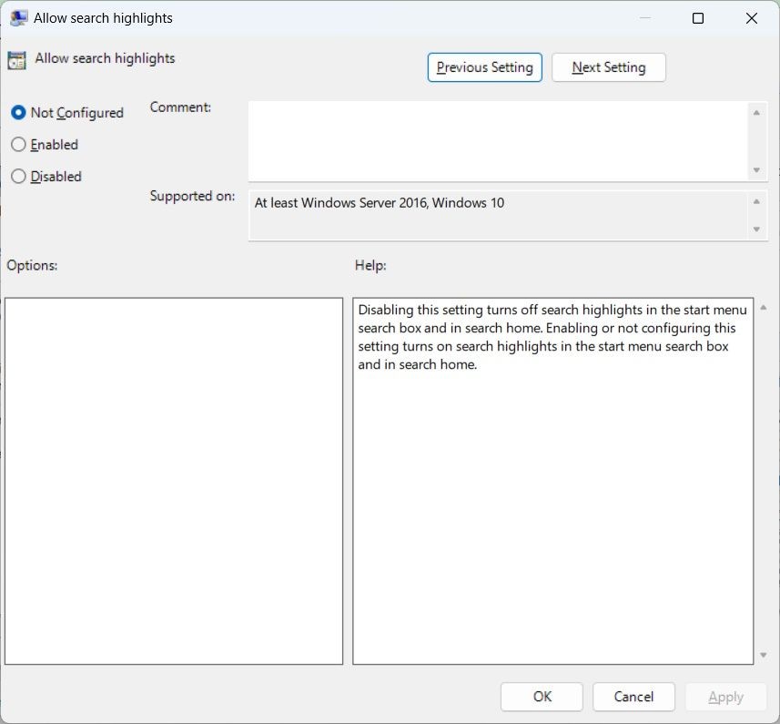 Chính sách Cho phép Đề Xuất Tìm Kiếm đang được chỉnh sửa trên Windows và được thiết lập thành Không cấu hình